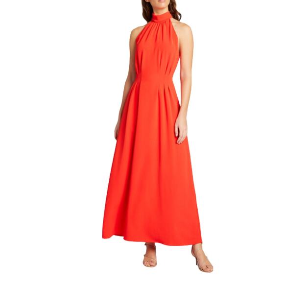 Lela Rose Stretch Crepe Halter Maxi Dress Size 8 Red Orange Couture Designer - Picture 4 of 16